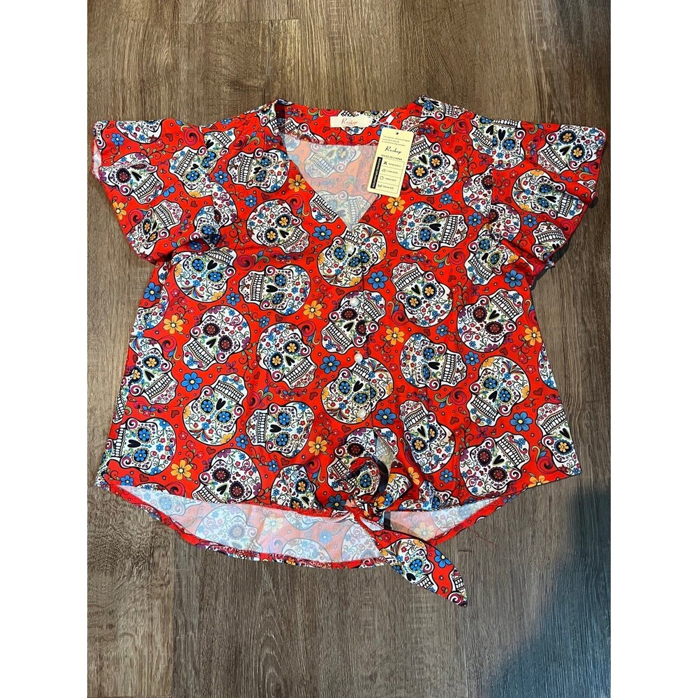 Roshop xL tie waist day of the dead‎ blouse